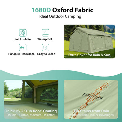 KNUO 2026 Upgraded Waterproof Inflatable Camping Tent for Winter with Rain Cover for 4~6 People, Large Blow-Up Air Tent, No Assembly Needed Luxury Glamping House, 12x12ft Oxford Fabric, Green