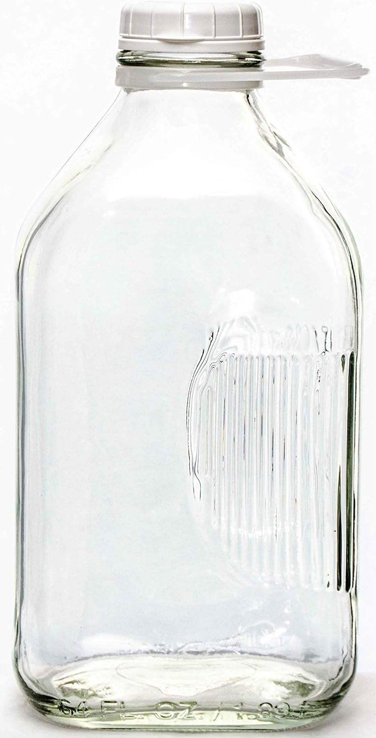 The Dairy Shoppe 2 Qt Heavy Glass Milk Bottle with Handle & Cap, 64 Oz, 1/2 Gal.