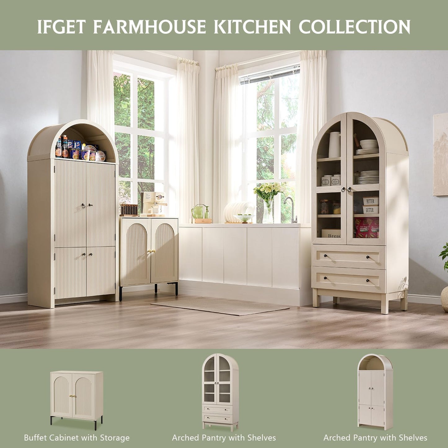 IFGET 71" Tall Arched Kitchen Pantry Cabinet, Wood Kitchens Storage Cabinets with 2 Large Drawers and Adjustable Shelves, Modern Farmhouse Versatile Cupboard for Kitchen, Dining Room, Bathroom, Cream