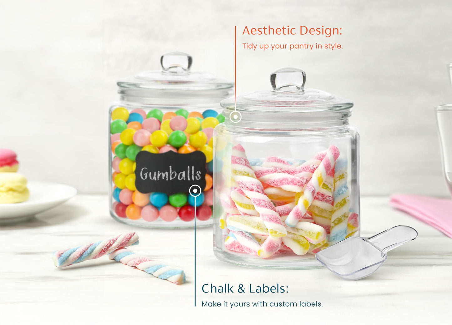 KooK Glass Storage Jars with Lids - 29oz (Set of 2), Kitchen Canisters for Sugar, Cookies, Cotton Balls, Glass Containers with Chalkboard Labels and Airtight Lid