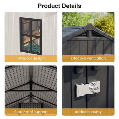 Patiowell 8x6 FT Outdoor Storage Shed, Plastic Shed Resin Garden Shed with Floor & Window & Lockable Door for Patio Furniture, Backyard Tools, Bicycles & Lawnmower, Beige