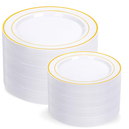 I00000 200 Pcs Gold Plastic Plates - Disposable Party Plates Include 100 Dinner Plate and 100 Elegant Dessert Plate Perfect for Party, Holiday, Wedding & Birthday