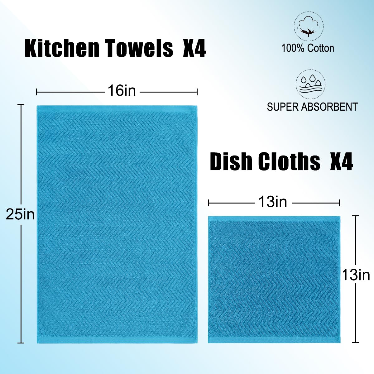 QAJ 100% Cotton Kitchen Towels and Dishcloths Set, Pack of 8 Super Absorbent 16" x 25" Kitchen Towels and 13" x 13" Dish Cloths (400 GSM)