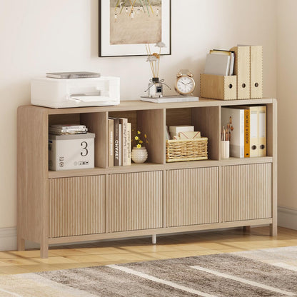 FATORRI 8 Cube Bookshelf with 4 Doors, Modern Mid Century Wood Book Shelf with Storage, Low Horizontal Cubby Bookcase for Home Office (Light Walnut)
