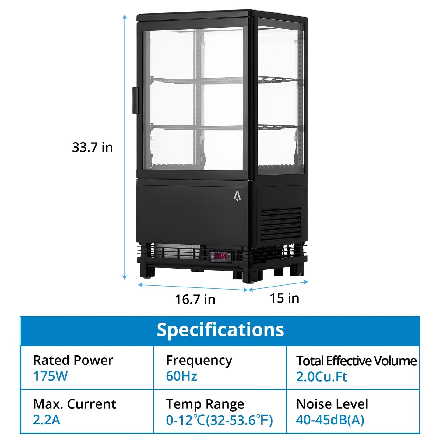 2.0 Cu.Ft. Countertop Refrigerated Display Case, Commercial Pastry Refrigerator with Led and Air-Cooling, Bakery, Cafes and Restaurants, Featuring Rear Sliding Door for Easy Access and Frost-Free