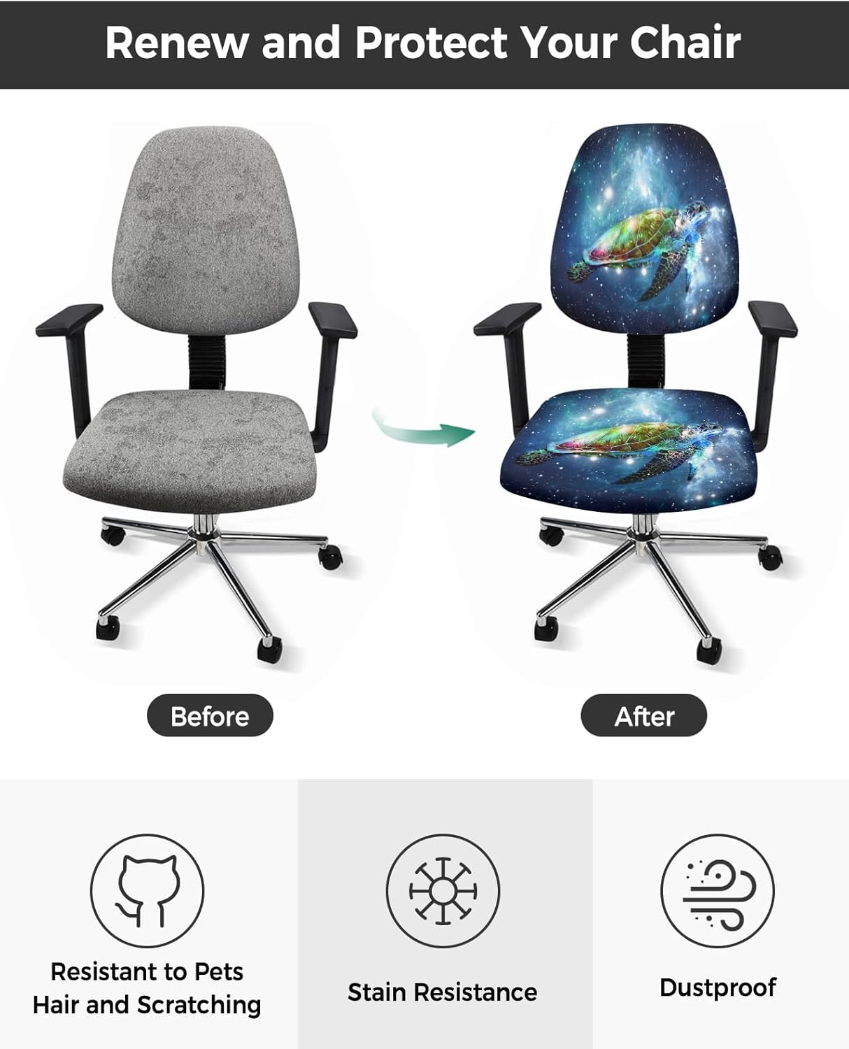 Sea Turtle Office Chair Cover, Stretch Rotating Computer Chair Seat Back Covers, Navy Blue Ombre Desk Chair Slipcovers