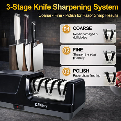Electric Knife Sharpener for Kitchen – Professional 3-Stage 100% Diamond System with 20° Precision Angle, Fast Sharpening to Restore & Polish Chef Knives(Black)