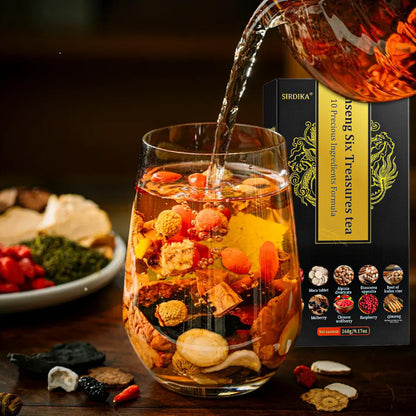 Kidney Tea Formula Ginseng Six Treasure Tea, 10 Precious Ingredients Formula, 260g/Box Ginseng Five Treasure Teabag, Chinese Herbal Teas Support Kidney and Live Health for Men Women (10 bags/1Box)