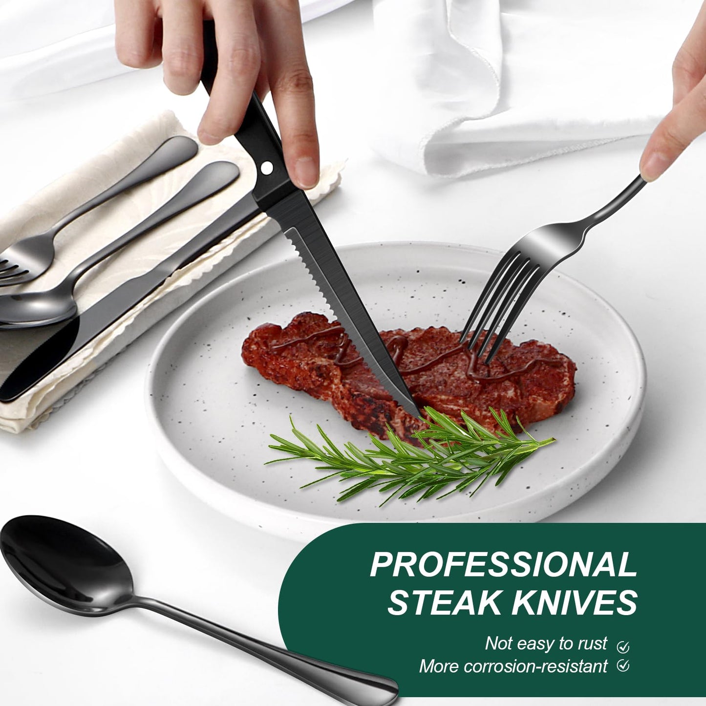 24-Piece Black Silverware Set with Steak Knives Black Stainless Steel Flatware Set for 4 Food Grade Tableware Cutlery Set Rust-proof, Mirror Polished, Dishwasher Safe