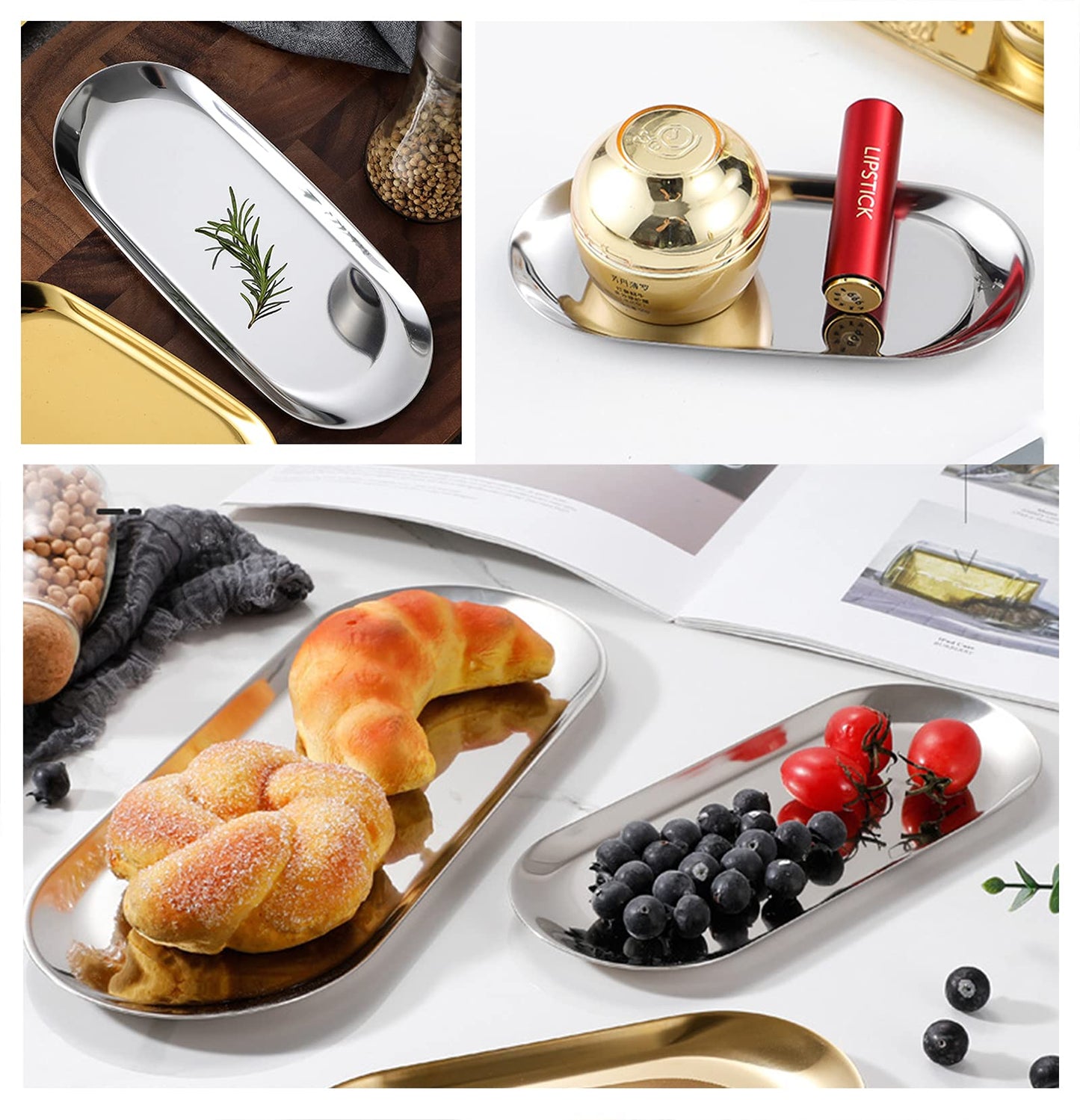 1 Pcs Gold Trinket Tray Oval Stainless Steel Small Serving Trays Towel Storage Dish Plate Tea Fruit Trays Jewelry Plate Decorative Storage Tray (Gold 1pcs, 9 x 3.8 Inch)