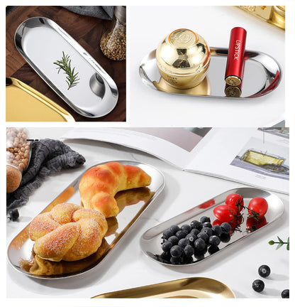 1 Pcs Gold Trinket Tray Oval Stainless Steel Small Serving Trays Towel Storage Dish Plate Tea Fruit Trays Jewelry Plate Decorative Storage Tray (Gold 1pcs, 9 x 3.8 Inch)