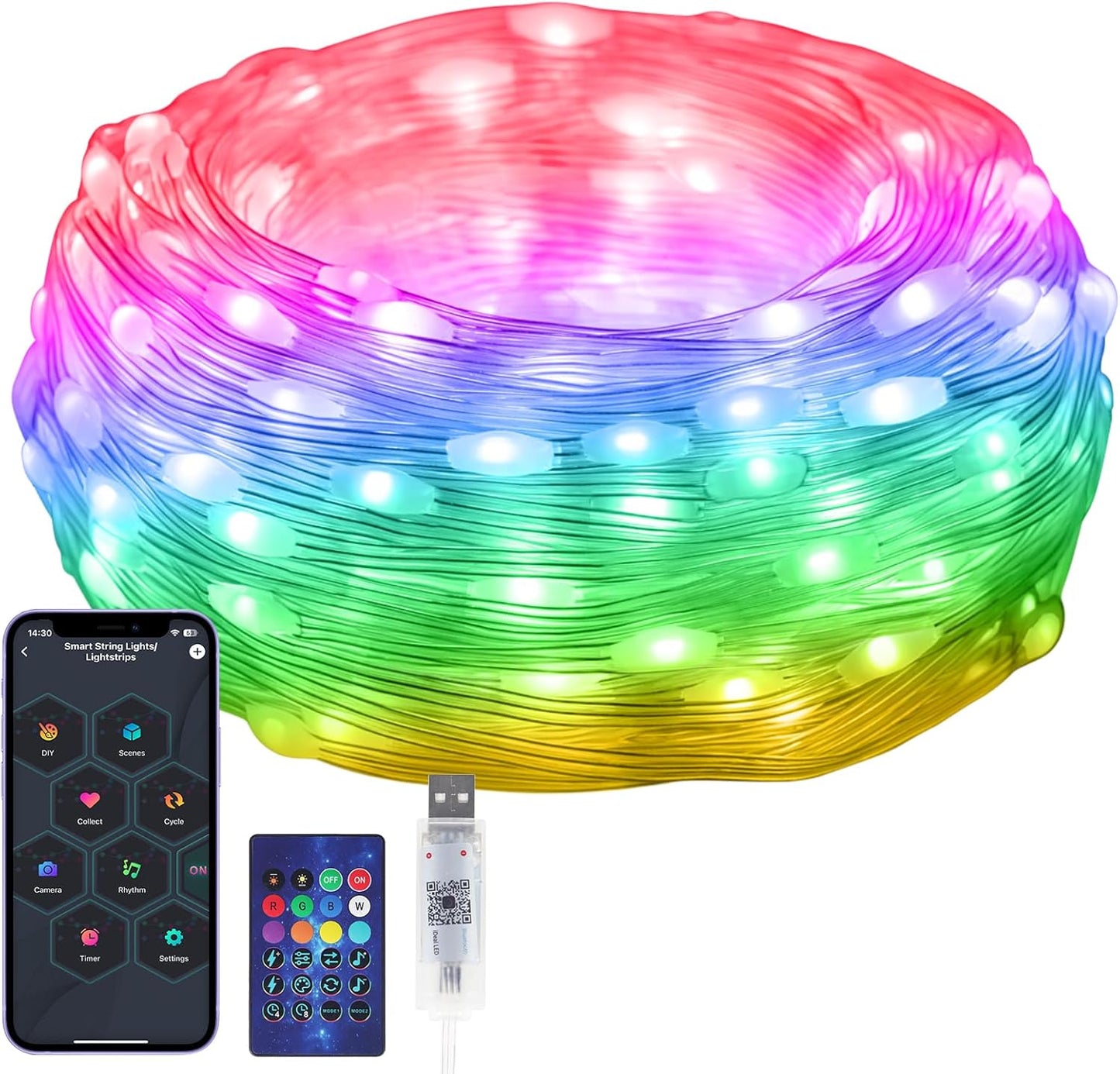 16FT/5M 50 IP65 RGB Smart IC String Lights Indoor [APP & Remote Control], LEDs Multicolor Fairy Lights, USB Powered