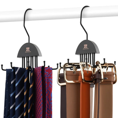 ZEDODIER 2 Pack Tie Hanger & Belt Organizer, Rotatable Tie Rack Space Saving Tie Holder with 16 Adjustable Hooks for Closet Organizers and Storage, Sturdy Belt & Tie Collection Storage, Black