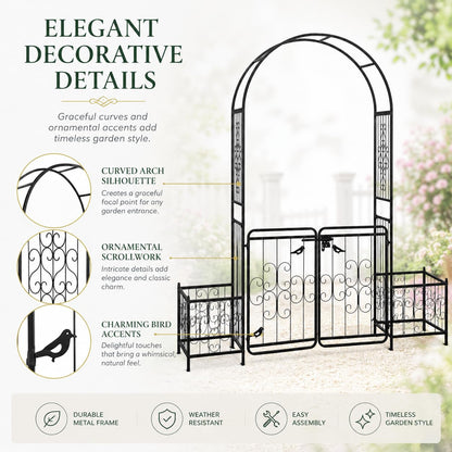 ELOMBR 7.2FT Metal Garden Arch Trellis, Heavy Duty Metal Garden Arbor with Door&Planting Frame for Climbing Plants Outdoor, Double-Layered Trellis Arch for Wedding Ceremony Party, Black, 16mm