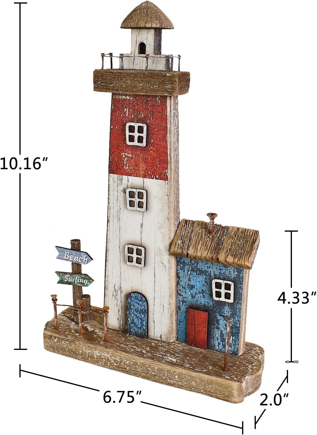 Decorative Lighthouse for Home Decor, 10.16" H Rustic Wood Light House Sculpture, Nautical Beach Tabletop Centerpiece
