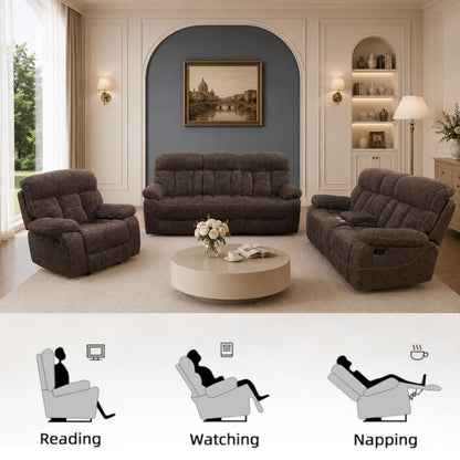 Trygoal Modern Recliner Sofa Set of 3, Cashmere Fleece Upholstered Living Room Set with Cup Holders & Storage, Ergonomic Reclining Couch with Coffee Table, Cozy Home Theater Seating, Brown