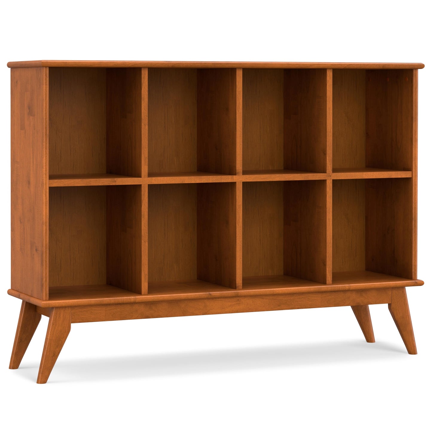 SIMPLIHOME Draper Console Table - 57 Inch Wide Solid Hardwood 8-Cube Sofa Table in Teak Brown, Mid-Century Modern Bookcase for Entryway or Living Room with 8 Open Storage Cubbies and Tapered Legs