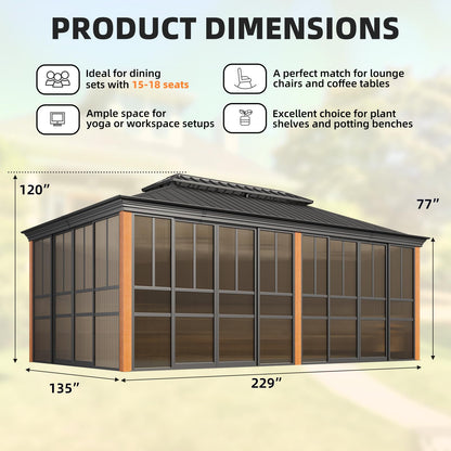 EROMMY 12' X 20' Hardtop Sunroom, Galvanized Steel Double Roof Gazebo Solarium with Wood Grain Aluminum Frame & Detachable Windows, All-Weather Sun Room for Patio Deck Backyard
