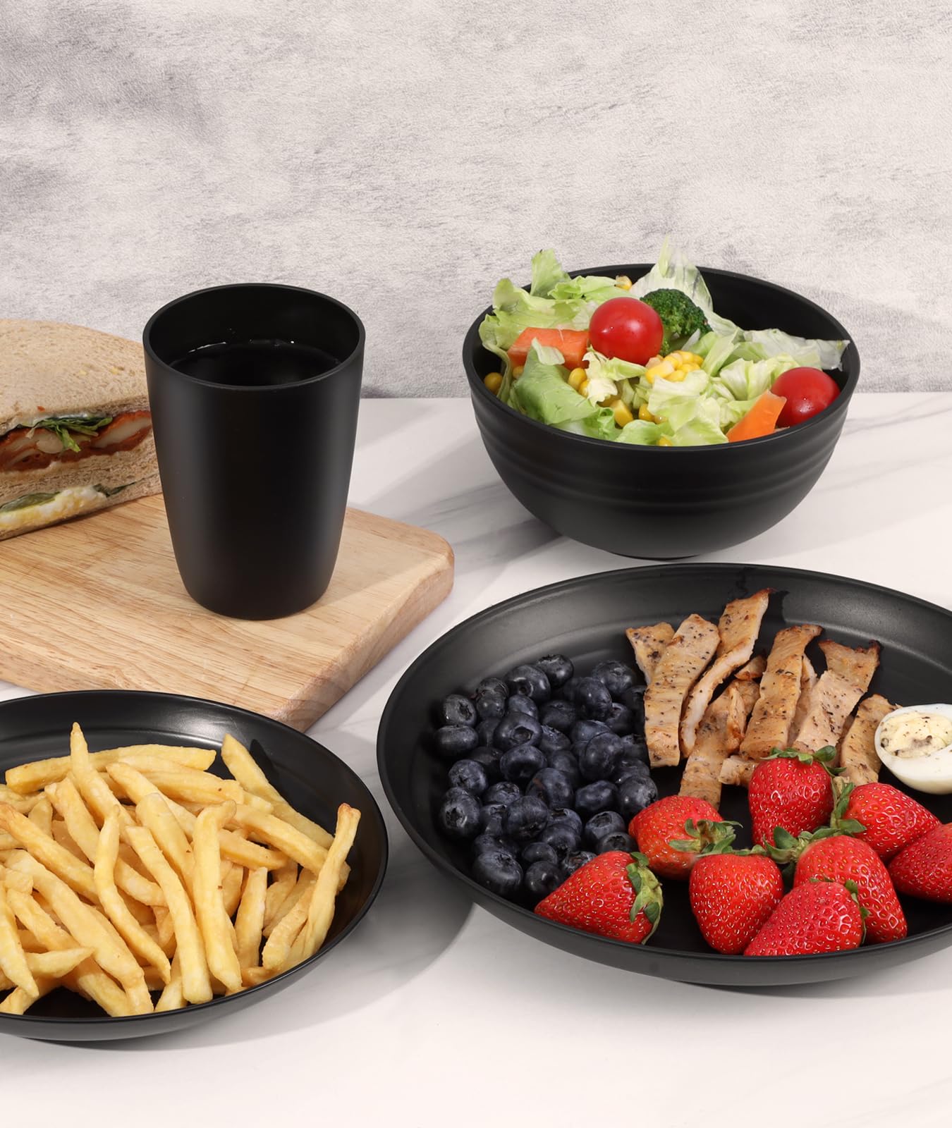 Quatish 24 Piece Plates and Bowls Sets for 6, Unbreakable Dinnerware Sets, Dish Set for Camping, Dishwasher Microwave Safe, Outdoor Kitchen and Apartment Dinning RV Essentials, Black
