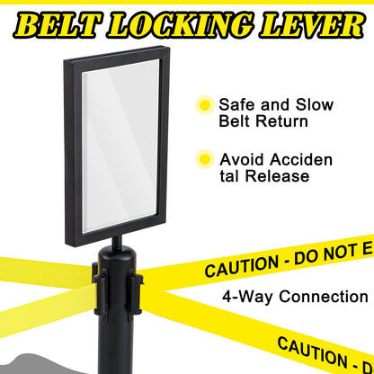 Therwen 6 Pack Heavy Duty Crowd Control Stanchions 9.8 ft Stainless Steel Stanchion Set with 6 Safety Barrier Post Retractable Belt and 1 Sign Holder Crowd Control Barrier(Caution Belt,Black)