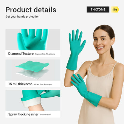 ThxToms 5 Pairs Nitrile Chemical Resistant Gloves, 15mil,13", Reusable Latex Rubber Free Heavy Duty Gloves, Acid Alkali Oil Protection, Industrial Use and Household Cleaning, Non-Slip, Medium