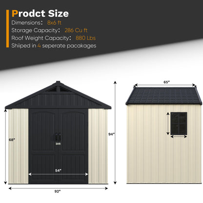 Devoko Plastic Outdoor Storage Shed with Floor, 8 x 6 FT Resin Tool Garden Shed with DIY Window and Lockable Door, Outside Kick-it Shed for Patio,Garden, Backyard, Lawn, Beige