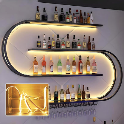 amhricho 78.7in Large Wine Rack with LED Light, Half Round Wall Mounted Wine Rack, 4-Tiers Liquor Bottles Floating Shelves Display Storage for Home Bar Dining Room (Black, 78.7 * 7.87 * 47.2INCH)