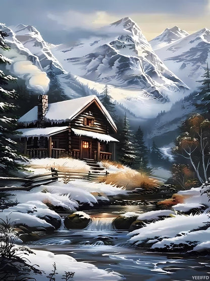 YEEIFFD DIY The Cozy Cabin in The Snow Diamond Painting Kits 5D Round Diamond Painting for Adult Diamond Art Kit for Wall Decor Living Room Decor 12x16 inch
