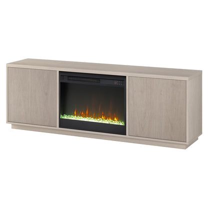 Henn&Hart Fluted TV Stand for TVs up to 75" with 26" Electric Crystal Rocks Fireplace and Ribbed Side Storage Cabinets for Living Room, Family Room, or Office, Beech White