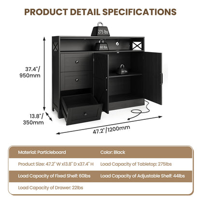Farmhouse Buffet Cabinet with 3 Drawers & Open Shelf, Sideboard with Storage, 47" Kitchen Pantry Cabinet Hutch, Coffee Bar Station with Built-In Power Outlet for Kitchen, Dining Room- Black
