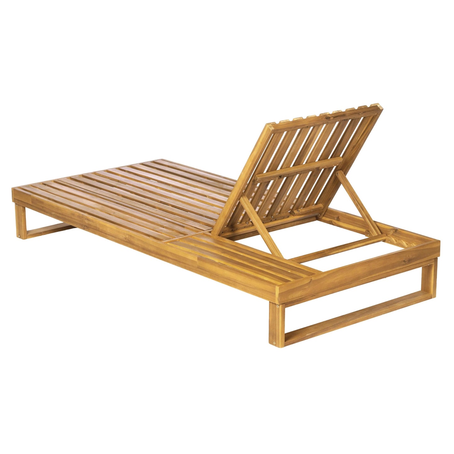 Merax Teak Finish Acacia Wood Chaise Lounge with 4-Inch Cream 3-Fold Water-Resistant Cushion Set, 4-Position Adjustable Outdoor Patio Lounger with Flat Side Surface, for Poolside