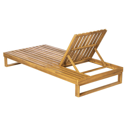 Merax Teak Finish Acacia Wood Chaise Lounge with 4-Inch Cream 3-Fold Water-Resistant Cushion Set, 4-Position Adjustable Outdoor Patio Lounger with Flat Side Surface, for Poolside