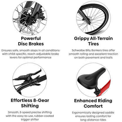 woom Explore 6 Bicycle for Kids & Teens 10 to 14 Years Old, 26-Inch Lightweight 8-Gear Road & Mountain Bike for Boys & Girls - Red