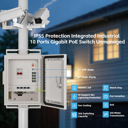 keepLiNK Outdoor Industrial PoE Switch Box, Integrated 8 Ports Gigabit PoE Switch Unmanaged, 2 SFP Slots, 300W Power Supply, Air Circuit Breaker, AC Lightning Arrester, IP55 Durable Metal Casing