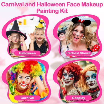 Professional Face Painting Kit for Kids and Adults – 54 Color Water Activated Cosplay Makeup Kit, Non-Toxic Body Paint with Stencils, Gems, Brushes– for Halloween FX, Bday Parties, School Event