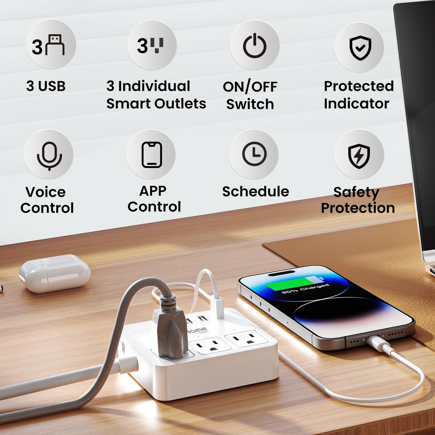 GHome Smart Plug Power Strip Works with Alexa & Google Home - 3 Individually Controlled Smart Outlets Switches 3 USB Ports, 4FT Extension Cord, WiFi Power Strip, Multi-Plug Extender for Home Offices