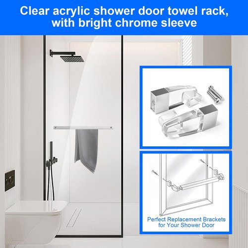 2 Pack Clear Acrylic Towel Bar Brackets with Bright Chrome Sleeve Replacement for Basco & alumax Shower Door Parts,Sliver (Towel Bar NOT Included)