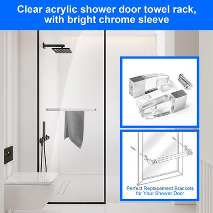 2 Pack Clear Acrylic Towel Bar Brackets with Bright Chrome Sleeve Replacement for Basco & alumax Shower Door Parts,Sliver (Towel Bar NOT Included)