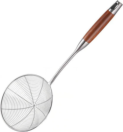Zmeni Spider Strainer Skimmer Spoon - 5.4 Inch Stainless Steel Mesh & Wooden Handle - for Deep Frying, Pasta, Stir Fry, Hot Pot, Tempura - Easy Drain Kitchen Utensil