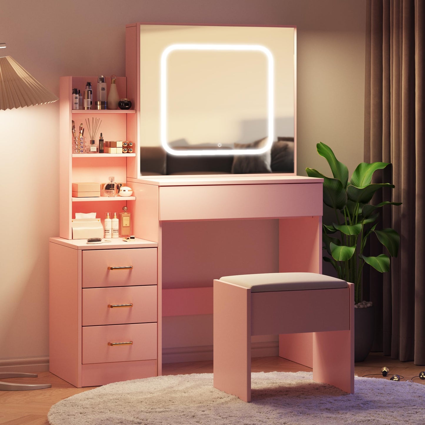 GarveeHome Vanity Desk with Sliding Mirror and Lights, Makeup Vanity Set with 4 Drawers, Stool, Power Outlet, Open Shelves, 3 Color Adjustable Lighting Modes, Makeup Dressing Table for Bedroom, Pink