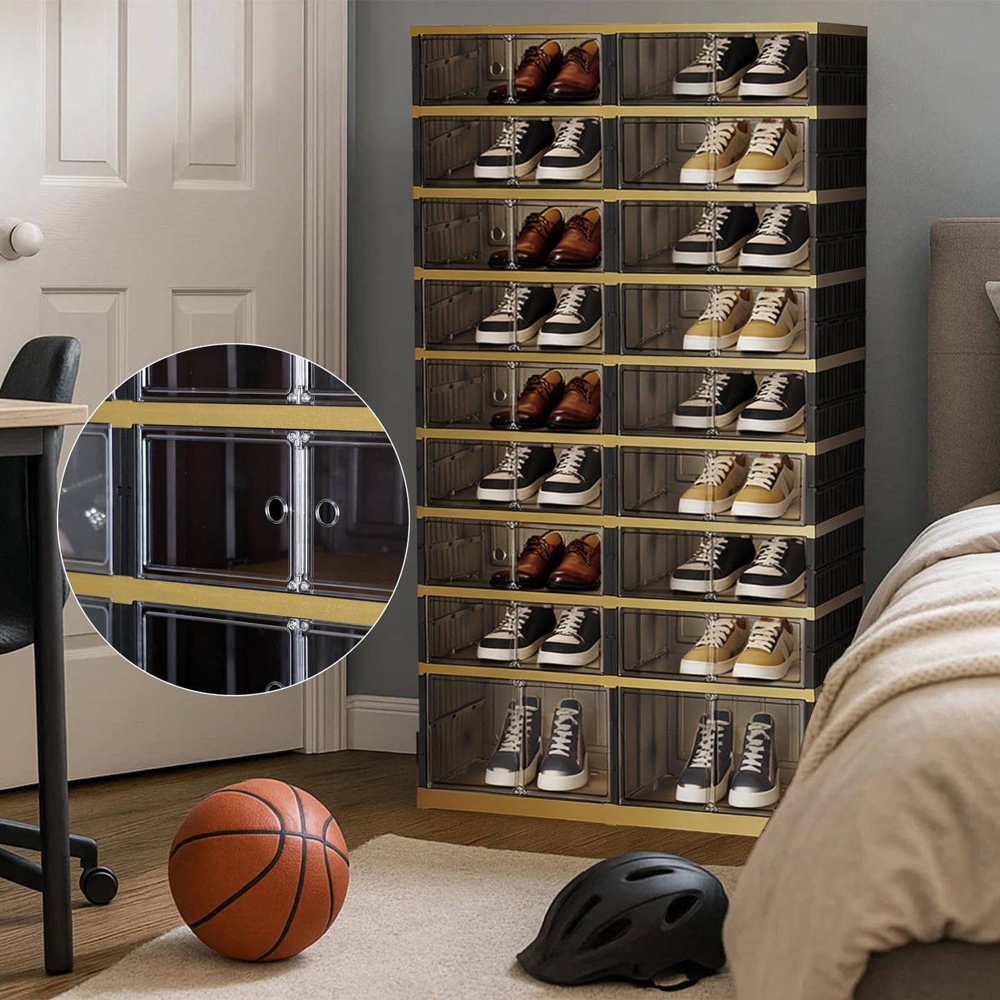 SYNCVIBE Shoe Rack Organizer for Closet Entryway Foldable Sneaker Storage Shoe, Collapsible Shoe Cabinet, Stackable Shoe Storage Cabinet with Lids for Living Room (9 Tiers -36 Pairs Black Gold)