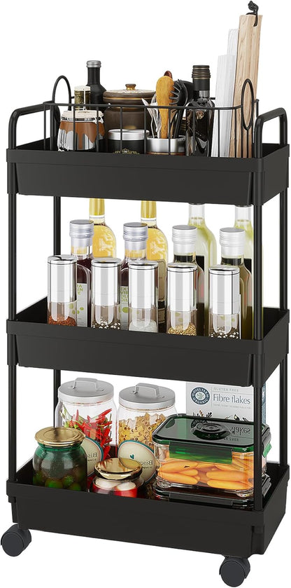 Buzowruil Rolling Storage Cart, 3 Tier Organizer Mobile Shelving Unit with Wheels for Kitchen Bathroom Laundry, Black