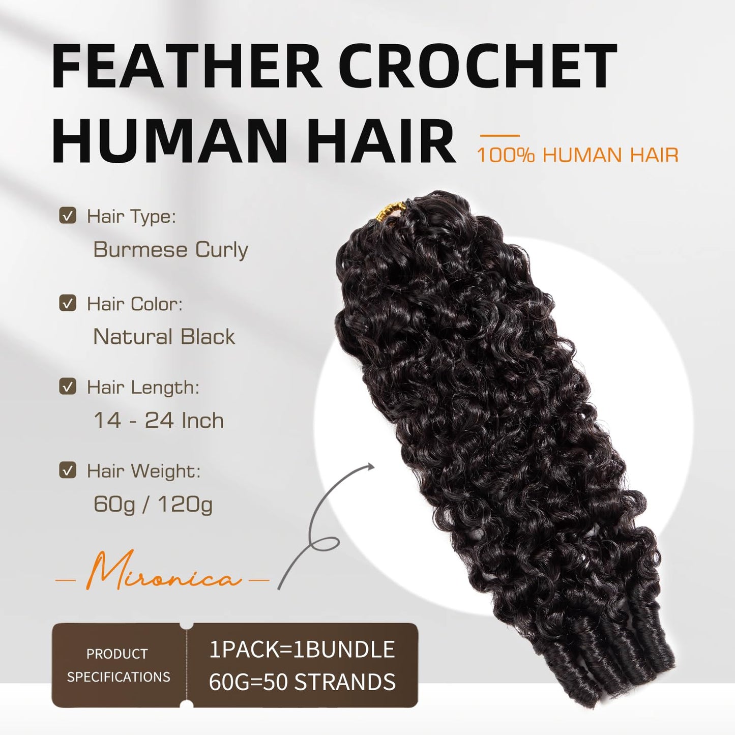 Burmese Curly Human Hair Crochet Bundles 20 Inch 60g Knotless Pre-Separated Feather Crochet Human Hair 3c4a Water Curly Hair Reusable Hair Extensions for Women Natural Black Color (1B-60G, 20 Inch)