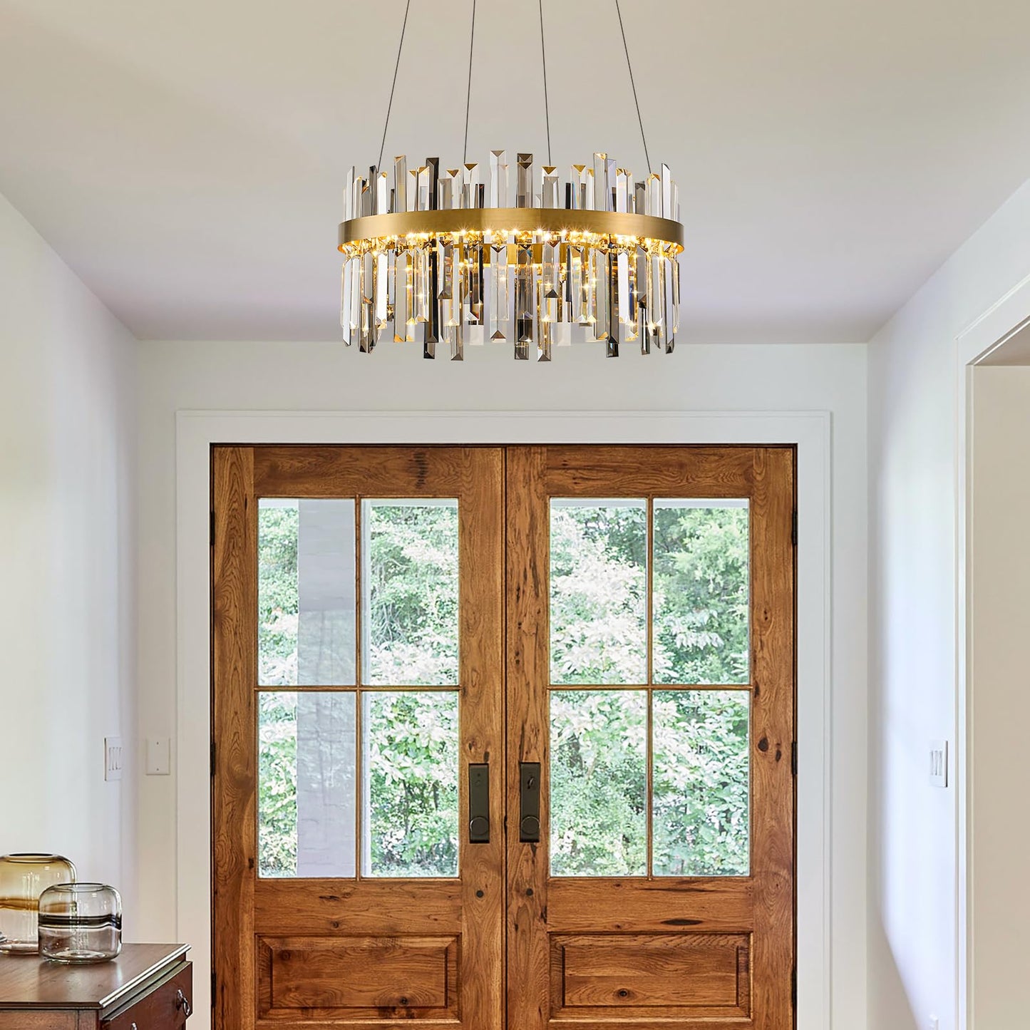 Gold Led Modern Crystal Chandelier: 19.7" Round Contemporary 3 Color Dimmable Dining Room Light Fixture over Table - Smoke Grey & Clear Crystals Chandeliers for Bedroom Living Kitchen Entryway Foyer
