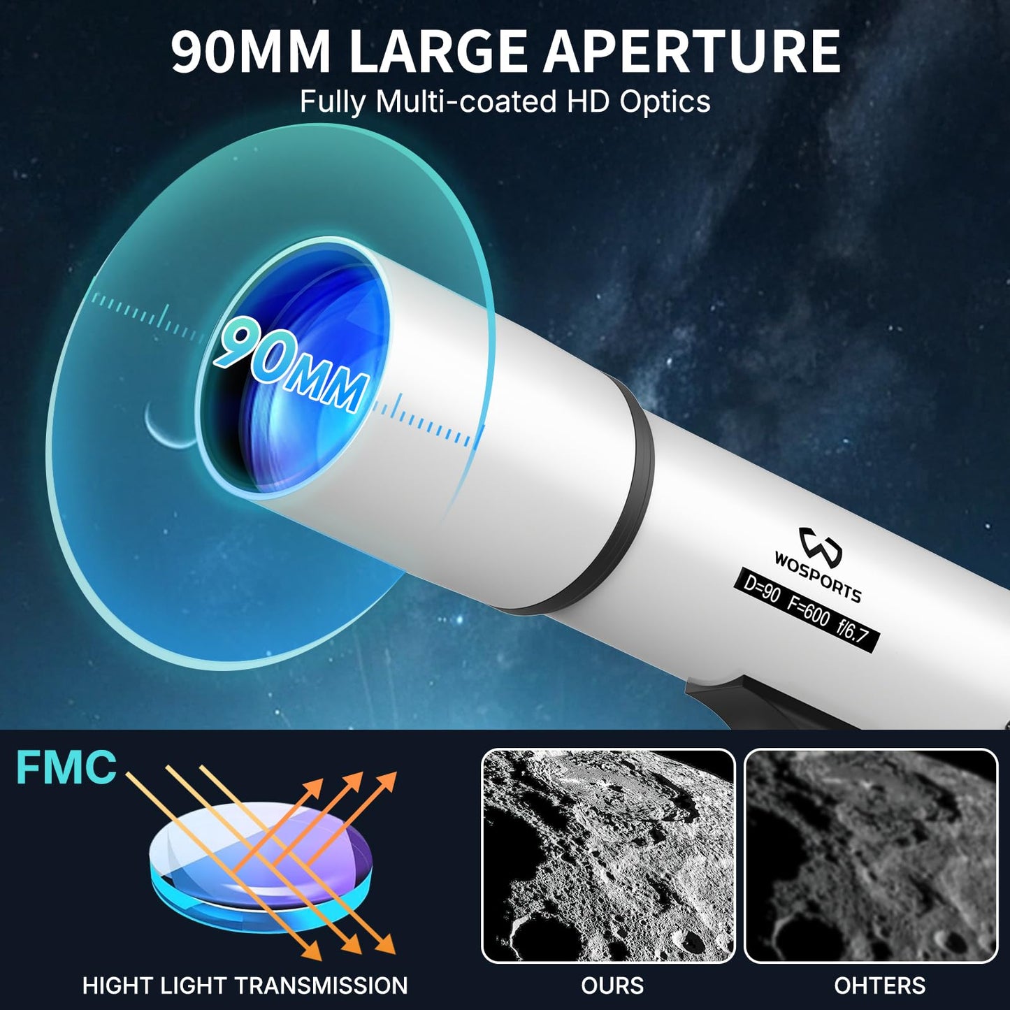 WOSPORTS Telescope for Adults High Powered, 90mm Aperture 600mm Astronomy Portable Professional Refractor Telescope for Beginners, Magnification 180X, with Adjustable Tripod, Phone Adapter, Carry Bag