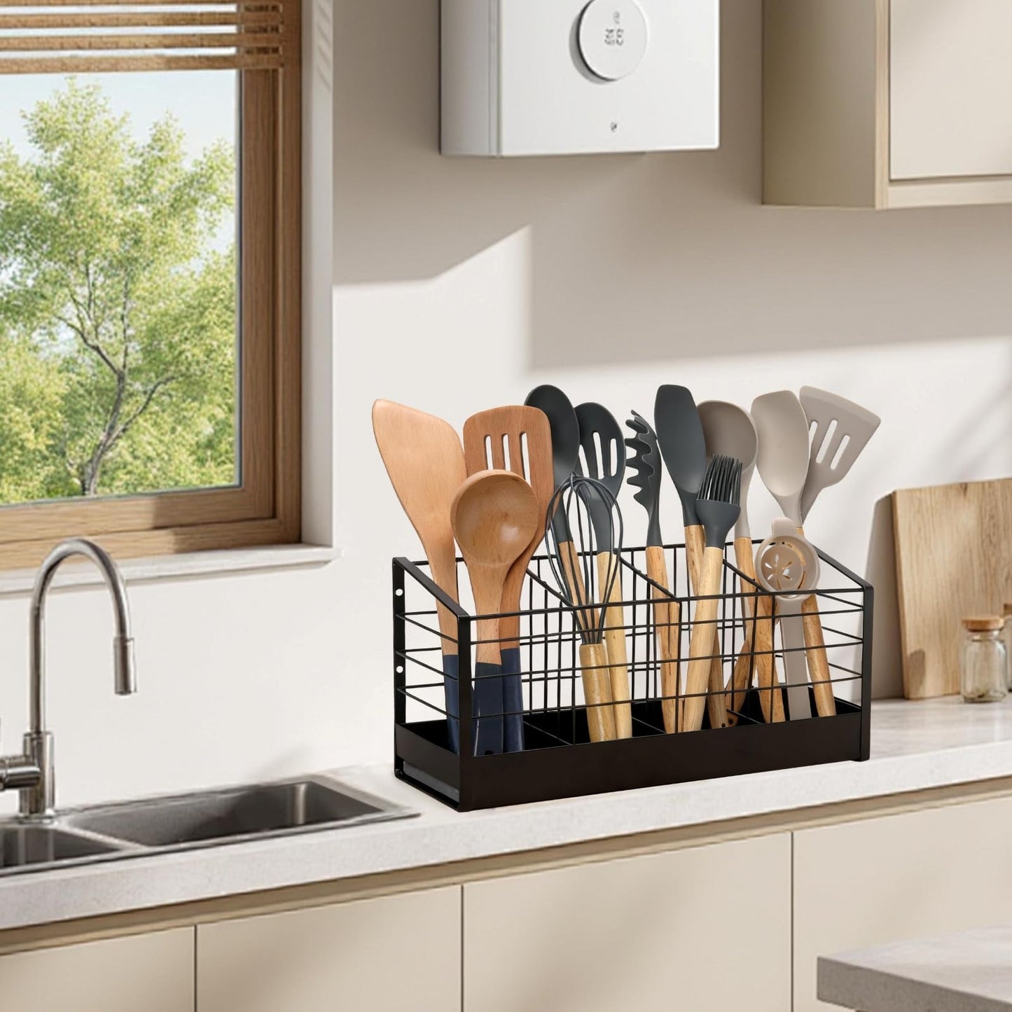 Dual-Use Large Utensil Holder with Effective Bottom Fence for Kitchen Counter & Wall Mount, 4-Compartment Organizer with Diatomaceous Earth Drying Mat, Holds 40 Cooking Tools, Iron, Matte Black 16 in