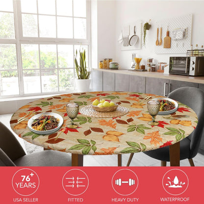 Deluxe Elastic Edged Flannel Backed Vinyl Fitted Table Cover - Large Round Oblong Oval - All-Over Leaves Pattern - Fits