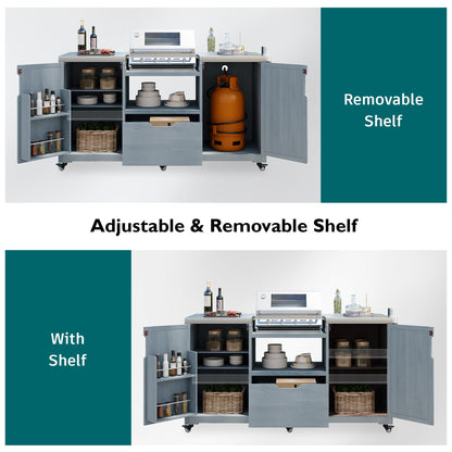 Trygoal 66.5" Outdoor Kitchen Island for Big Green Egg & Kamado Joe - 1380 sq in Heavy Duty Grill Cart with Stainless Steel Top - Solid Wood Rolling BBQ Prep Station with 6 Wheels & Storage, Grey Blue