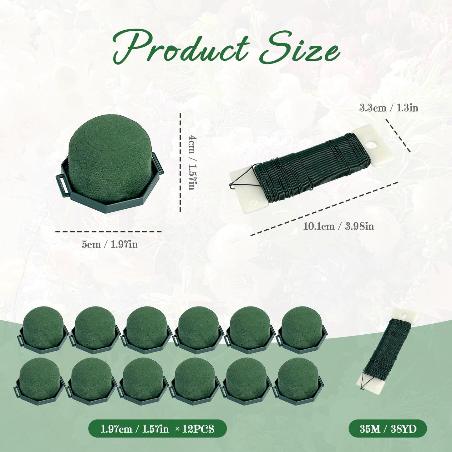 Flower Foam Holders, 12 Pcs Green Round Floral Foam with Adhesive & 38Yd Wire for Wine Bottle Arrangements, Wedding Centerpieces, DIY Fresh/Dried Artificial Flowers Decor