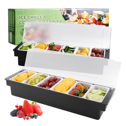 WICHEMI Fruit, Veggie & Condiment Caddy with Lid Dispenser Tray Garnish Station for Bartending & Serving Taco, Ice Cream, Salad Bar - Topping Organizer for Restaurant Supplies (6 Compartment, 2 Pack)